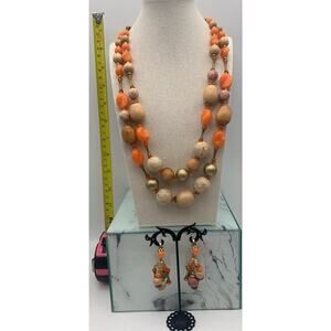 Vintage ART Arthur Pepper Tangerine & Cork Double Strand Necklace & Clip Ons Set